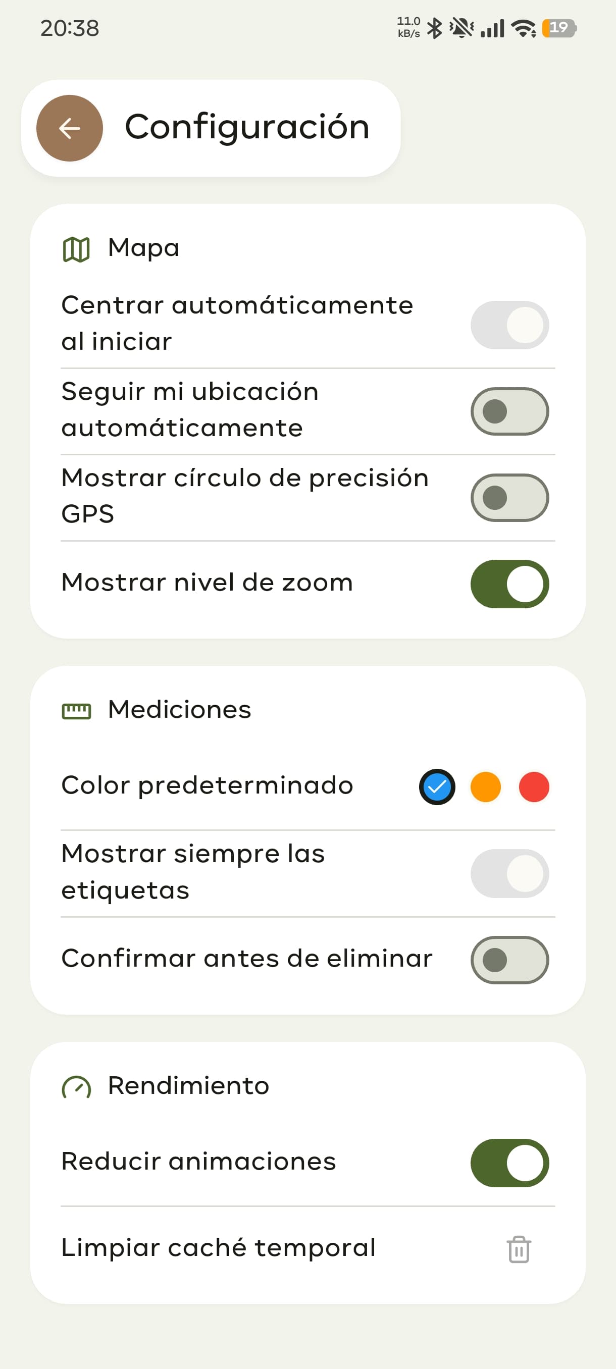 Opciones de configuración de SuelosAR para Android