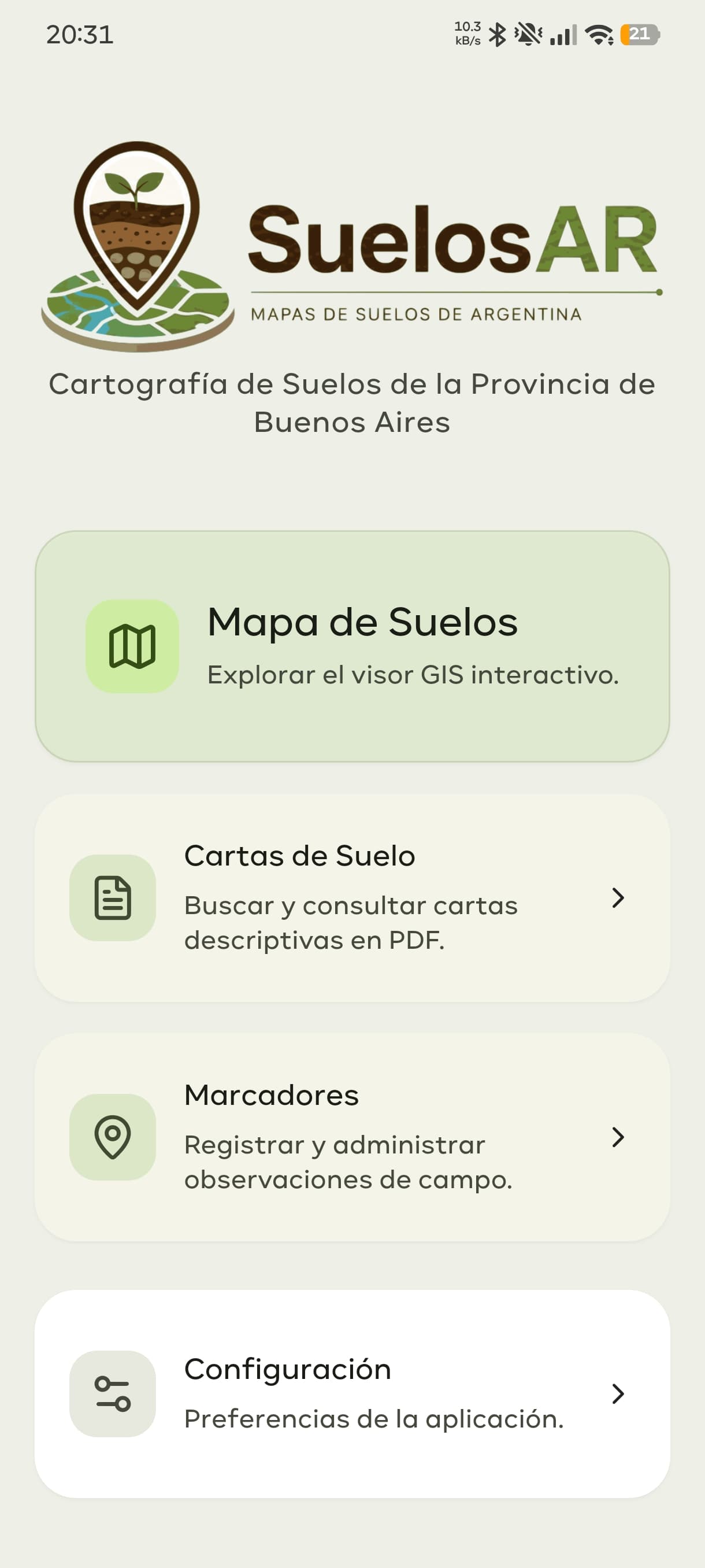 Mapa GIS y accesos a documentos y herramientas en SuelosAR para Android